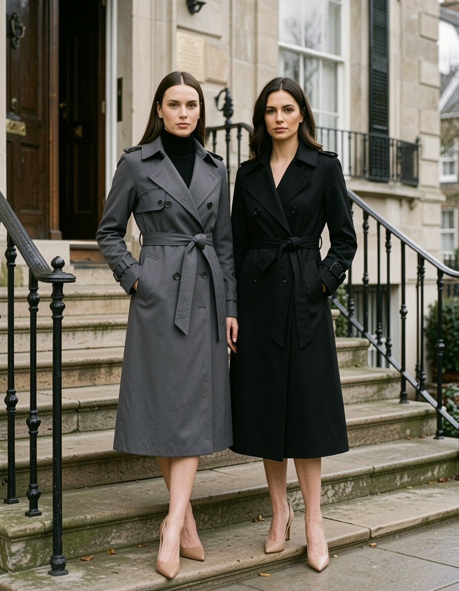 Belted trench coat shown in grey and black