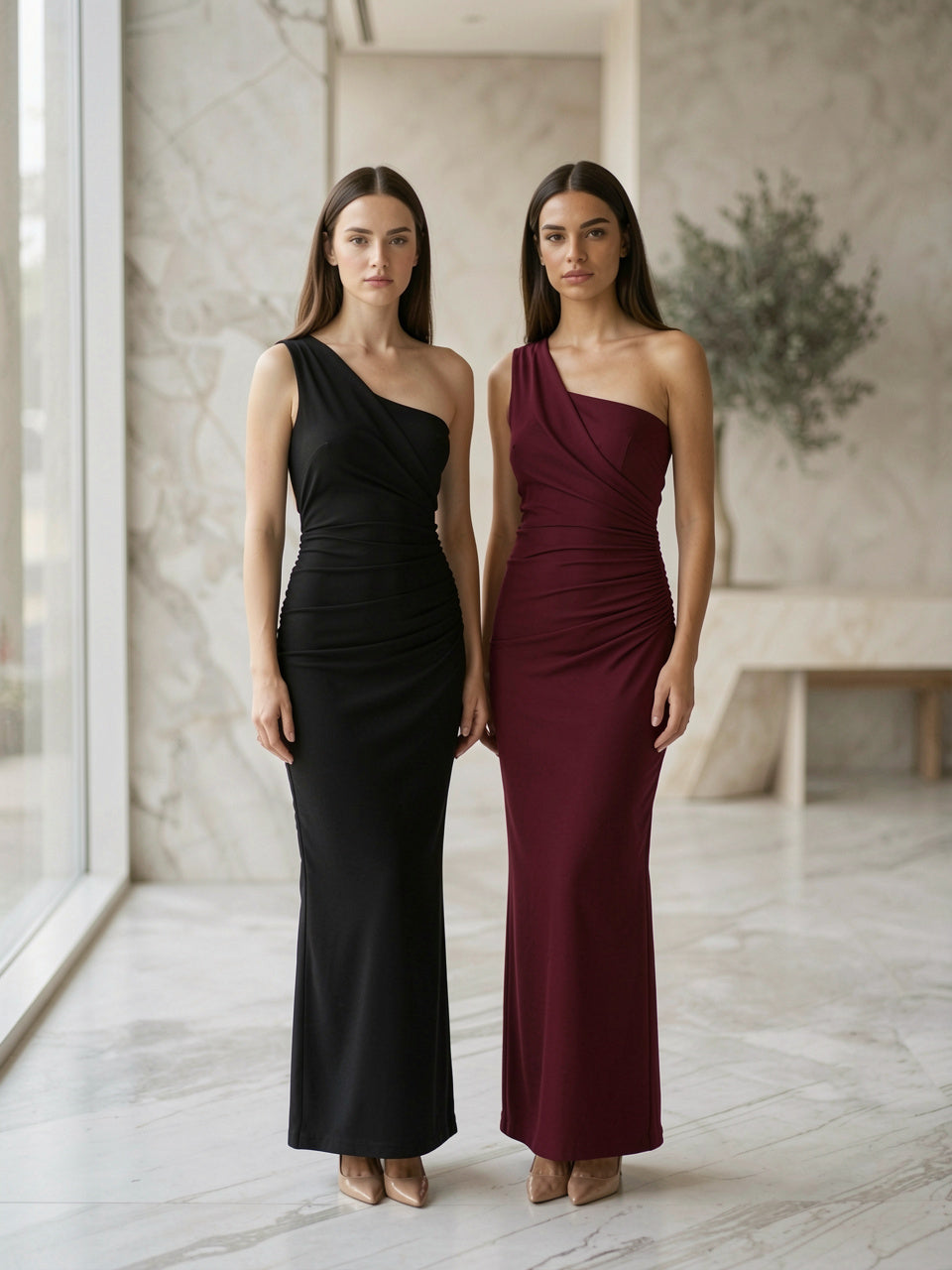 One-Shoulder Ruched Bodycon Maxi Dress in black and burgundy colorways, two models