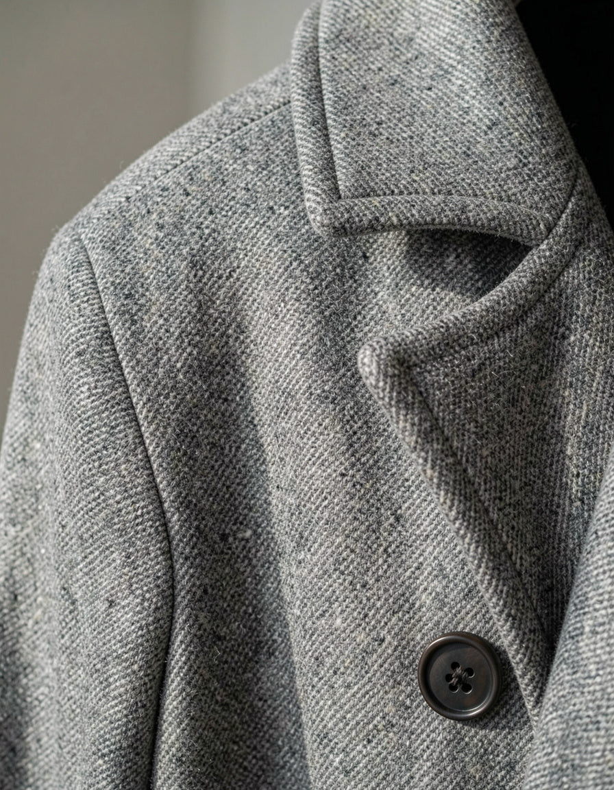 Grey wool coat lapel and button detail