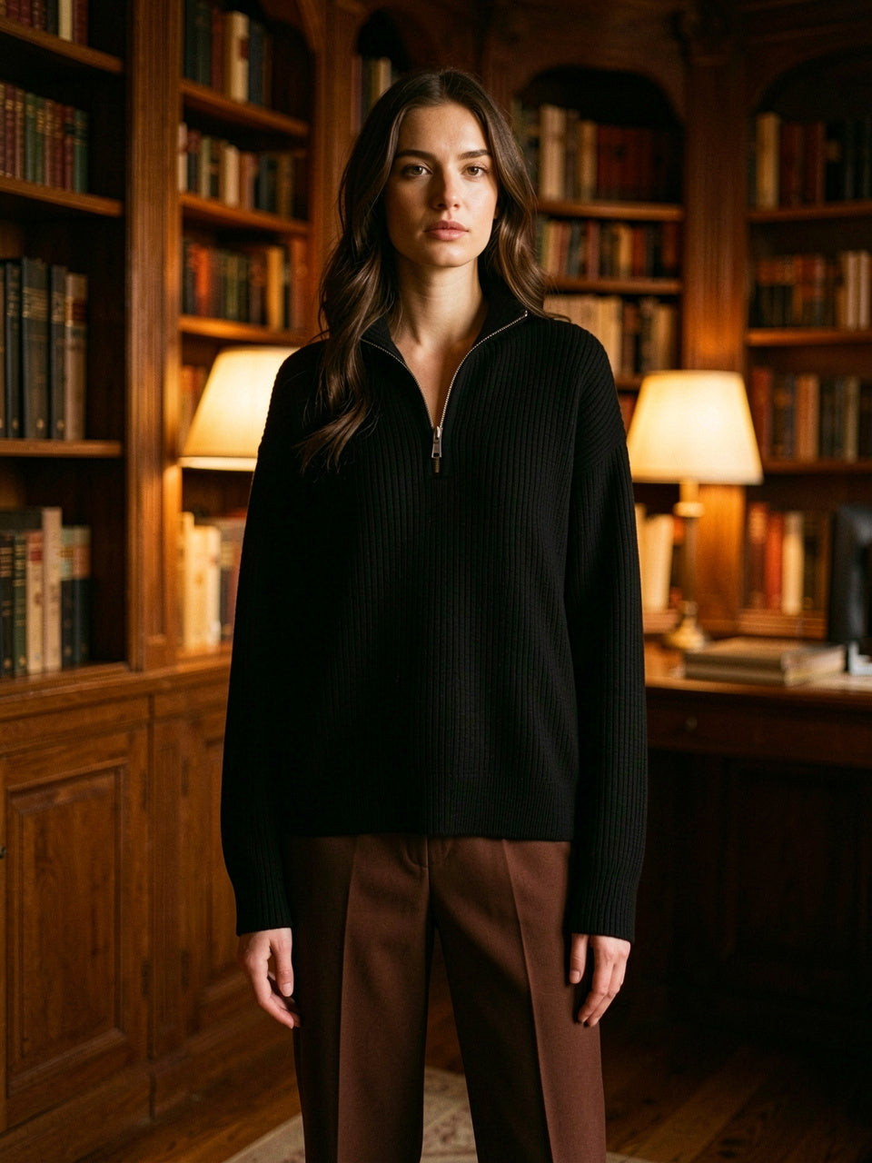 Mujer con suéter oversized de media cremallera color negro, cuello alto, un solo jalador de cremallera, manga larga, en biblioteca