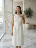 Button-Front Pintuck Midi Dress in white, front view