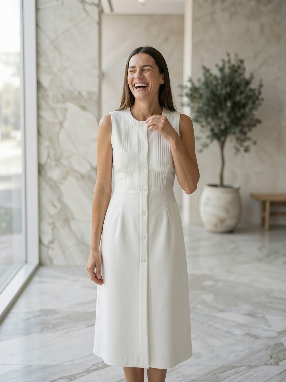 Button-Front Pintuck Midi Dress in white, front view