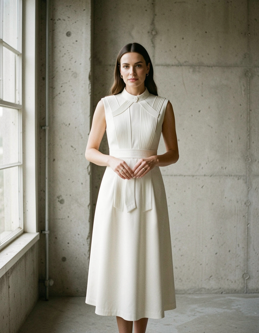 Button-Front Pintuck Midi Dress