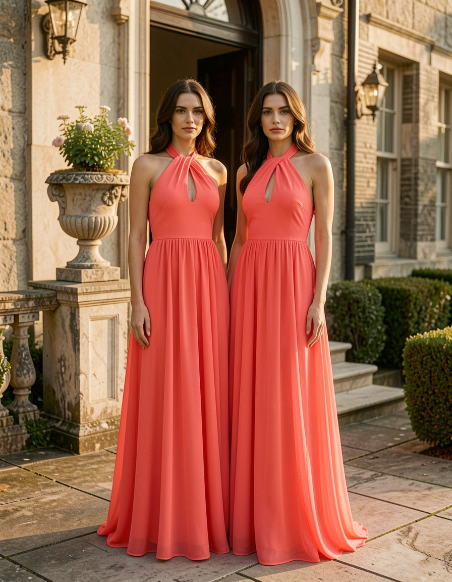 Two models wearing the coral Tied Cutout Sleeveless Maxi Dress with twisted halter neckline and keyhole cutout