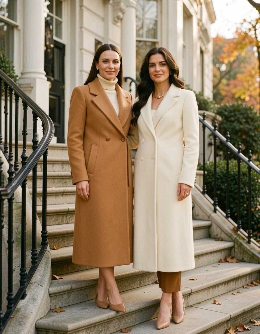 Camel wool overcoat on townhouse steps