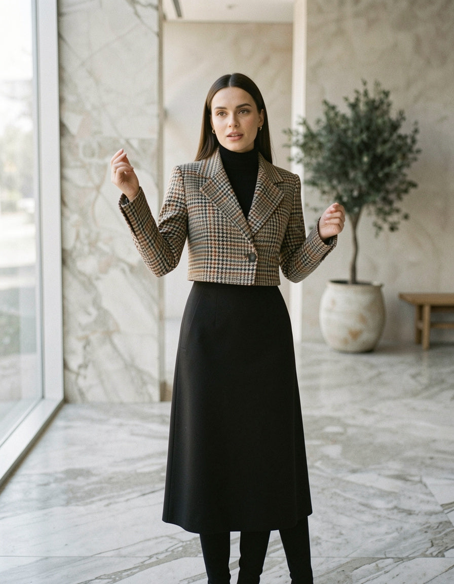 Plaid Lapel Collar Cropped Blazer