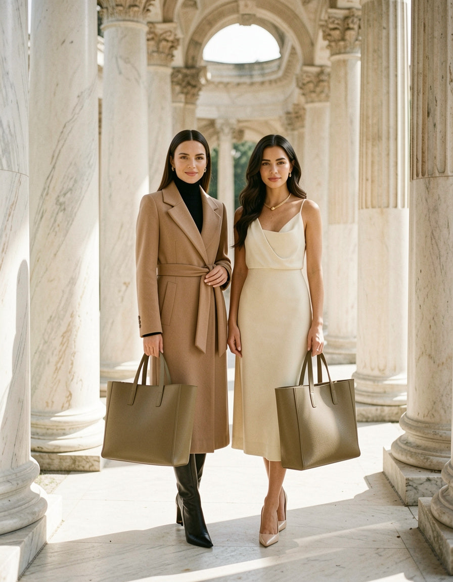 Dos modelos con PU Leather Tote Bag khaki bajo columnata de marmol