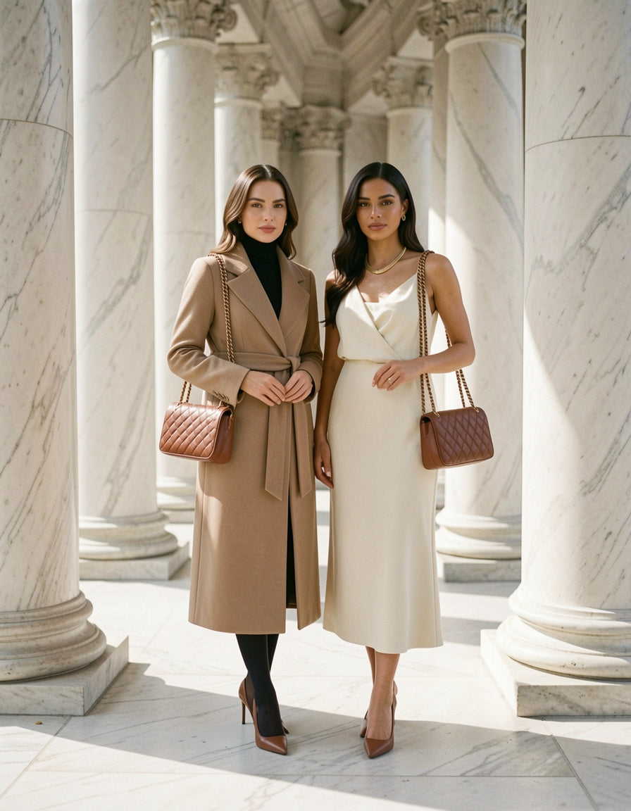 Dos modelos con Quilted Chain Shoulder Bag marron bajo columnata de marmol