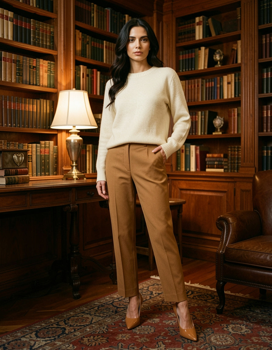 Modelo en biblioteca de madera con PU Leather Point Toe Pumps caramelo