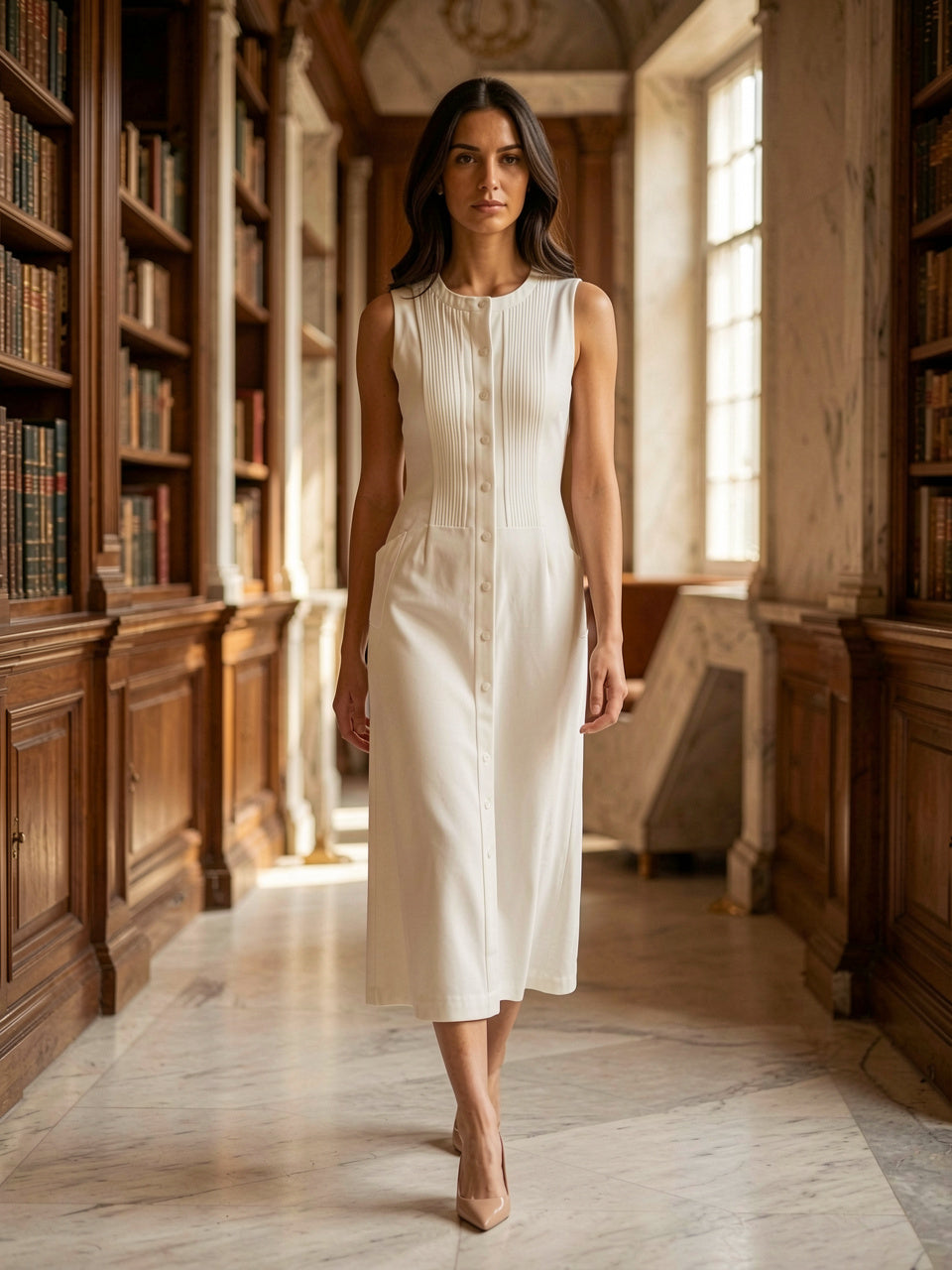 Button-Front Pintuck Midi Dress in white, walking