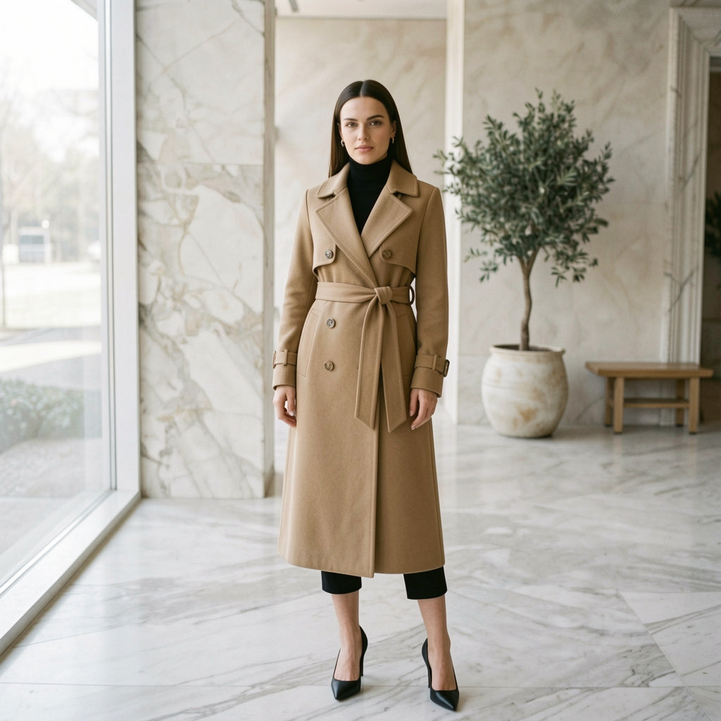 Long-sleeve single-breasted khaki trench coat, front view