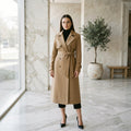 Long-sleeve single-breasted khaki trench coat, front view