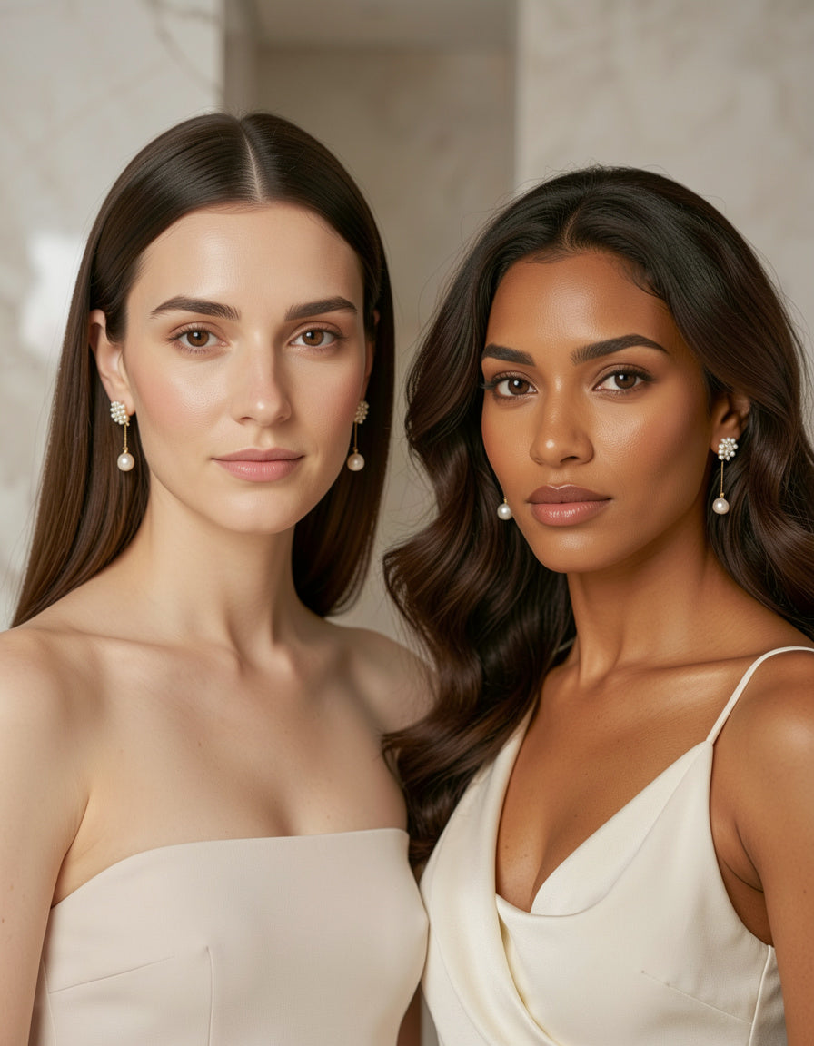 Pearl Cluster Dangle Earrings worn by Margaux and Camille, two distinct Calais Noir models