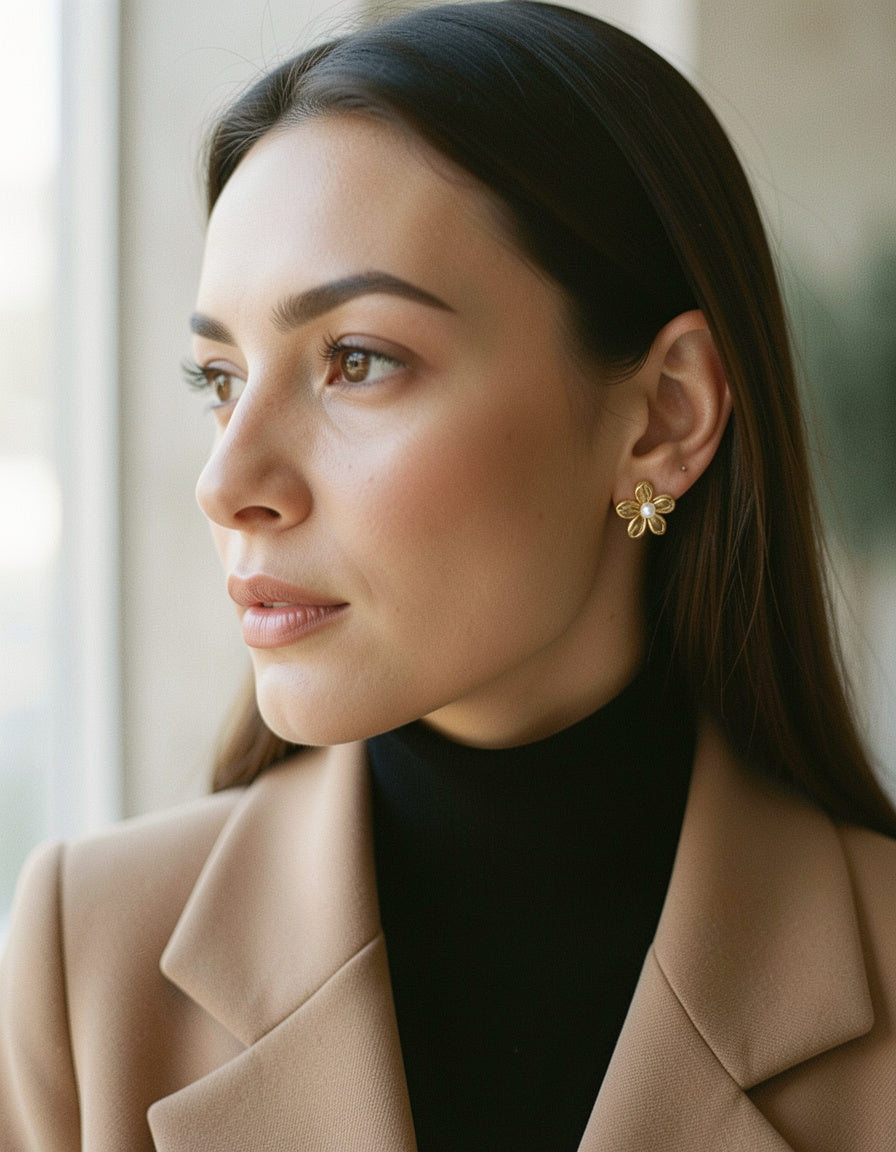 18K Gold-Plated Gold Flower Synthetic Pearl Stud Earrings