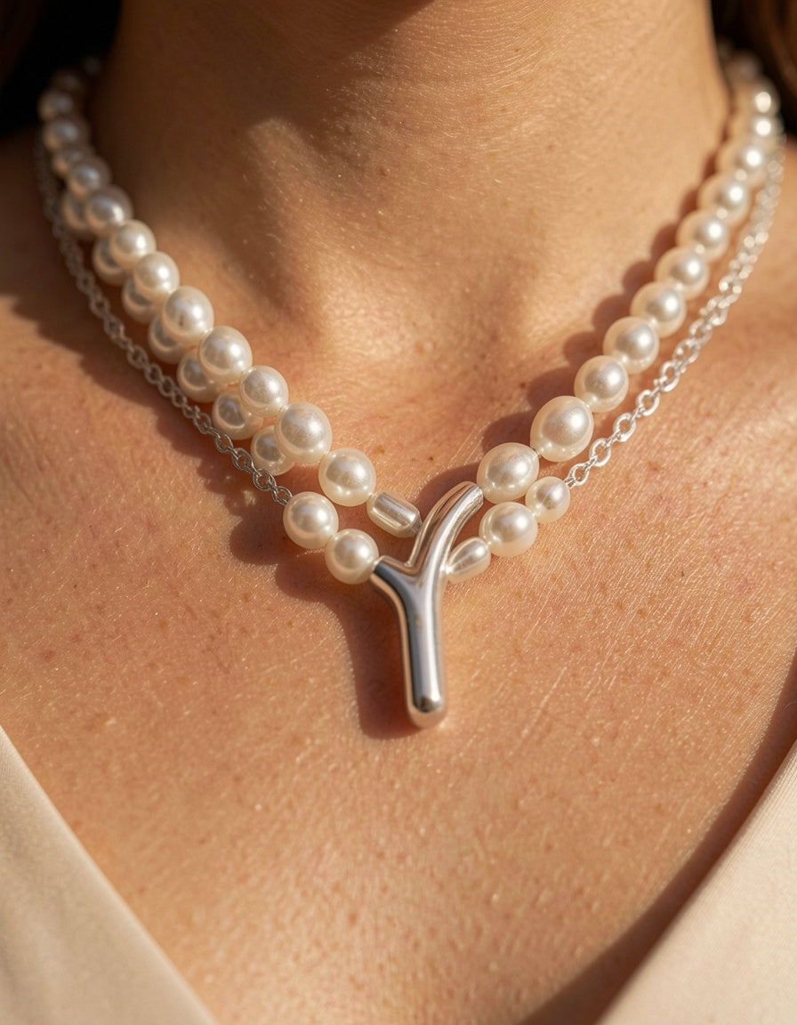 Double Layered Pearl Y-Shaped Necklace - macro detail of silver Y pendant